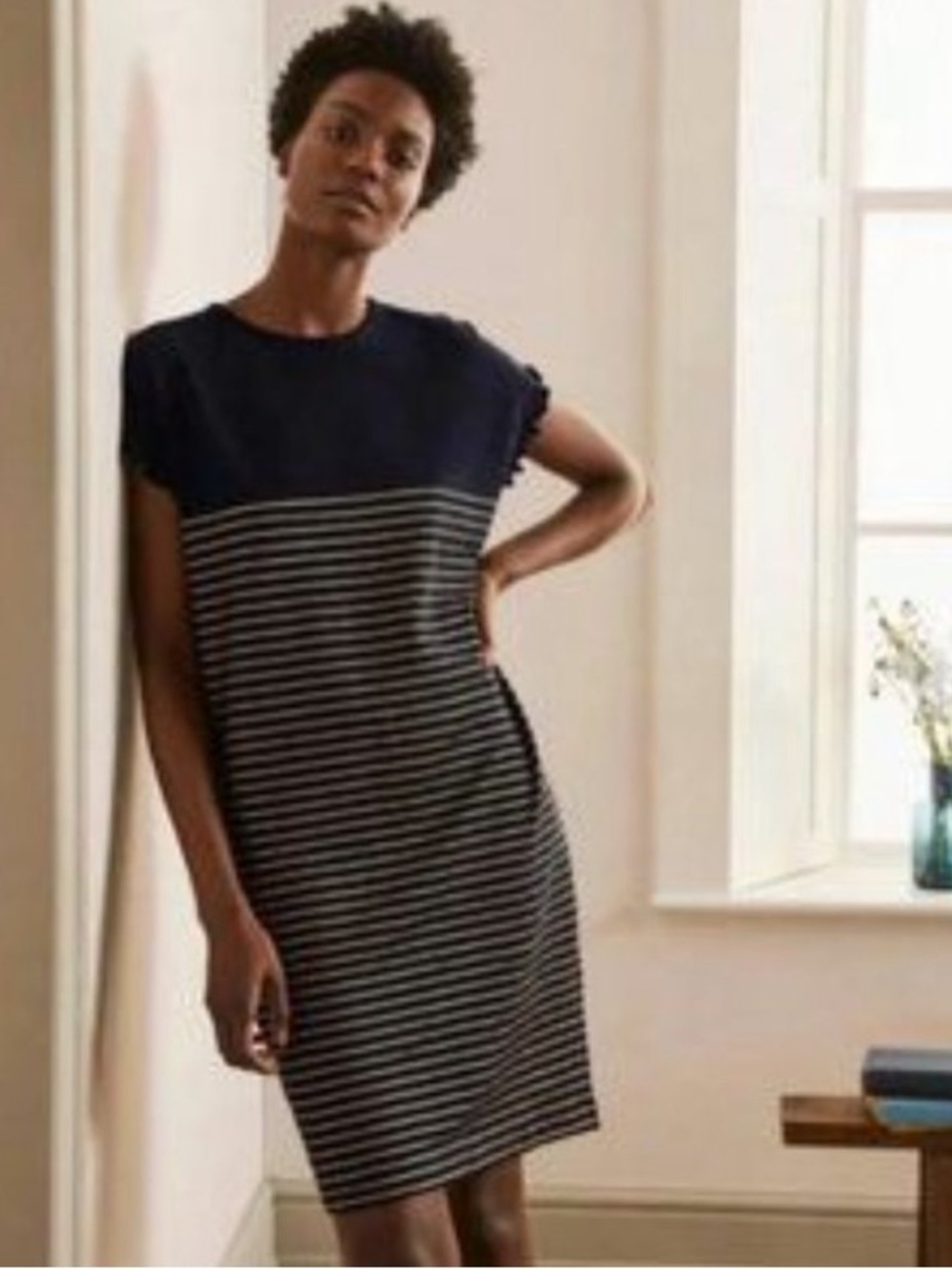 Boden Faye Foil Stripe Short Sleeve Jersey T-shirt Dress Size UK 8 Ruffle Cotton